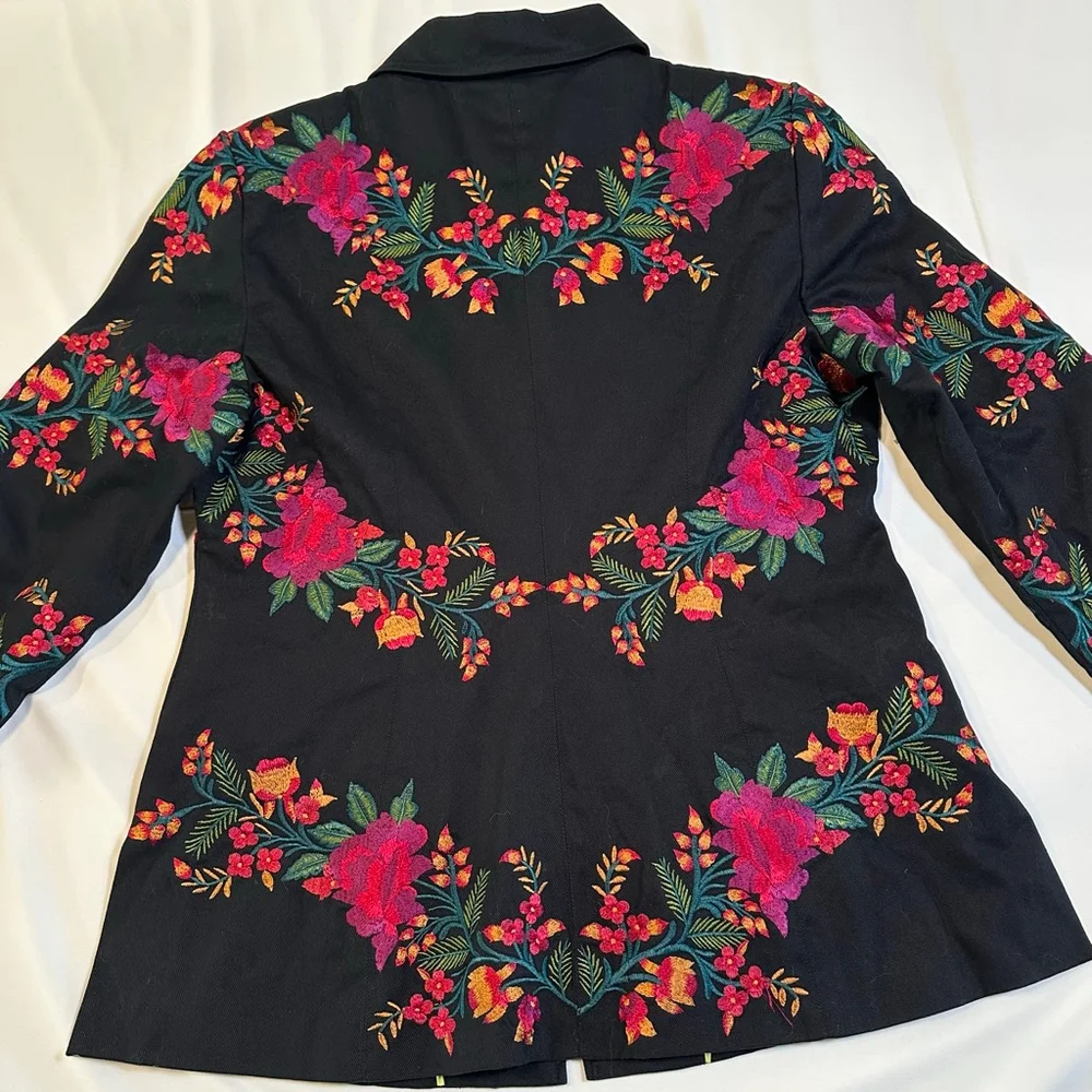 Spirit Embroidered Floral Jacket | Black Cotton Zip Folk Art Coat - M - Picture 2 of 9